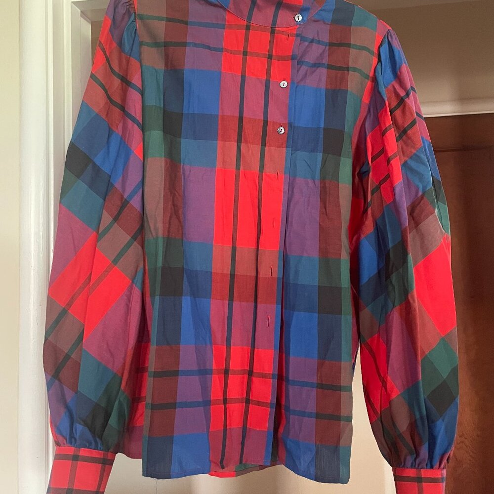 Vintage Liz Claiborne Checkered High Button Down Neck Cotton Shirt